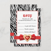 白黒ゼブラプリント&赤い宝石ウェディングRSVP 出欠カード (正面/裏面)
