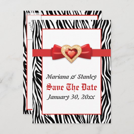 白黒ゼブラ印刷、赤い宝石の保存日付 案内ポストカード (正面/裏面)