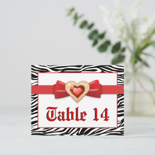 白黒ゼブラ印刷、赤結婚の表の番号 ポストカード (スタンド正面)