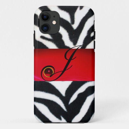 白黒ゼブラ毛皮の赤い宝石モノグラム Case-Mate iPhoneケース (裏面)