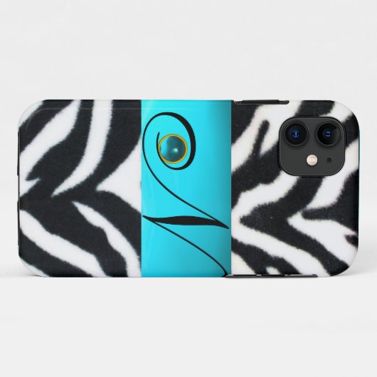白黒ゼブラ毛皮ティール(緑がかった色)アクアブルージェムモノグラム。 Case-Mate iPhoneケース (裏面(横))