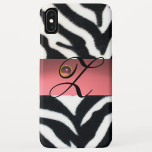 白黒ゼブラ毛皮ピンクジェムモノグラム。 iPhone XS MAXケース
