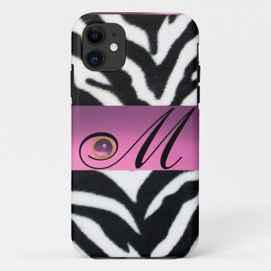 白黒ゼブラ毛皮ピンク薄紫宝石モノグラム。 Case-Mate iPhoneケース (裏面)