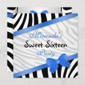 白黒ゼブラ、印刷された青いリボンSweet 16 招待状 (正面/裏面)