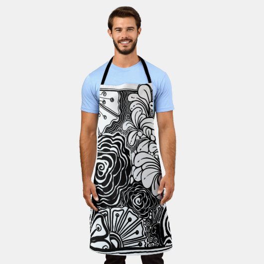 白黒ゼンフローラパターン(の模様が)あるスケッチ エプロン (着用した状態)