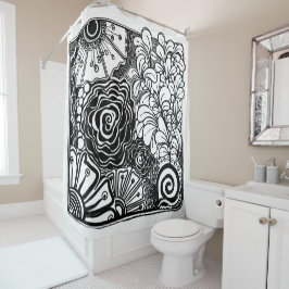白黒ゼンフローラパターン（の模様が）あるスケッチ シャワーカーテン