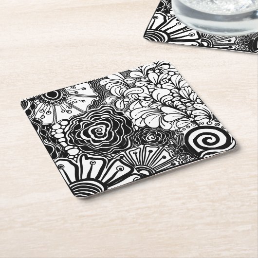 白黒ゼンフローラパターン(の模様が)あるスケッチ スクエアペーパーコースター (アングル)
