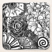 白黒ゼンフローラパターン(の模様が)あるスケッチ スクエアペーパーコースター (正面)