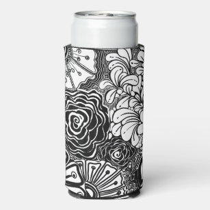 白黒ゼンフローラパターン（の模様が）あるスケッチ スリム缶クーラー
