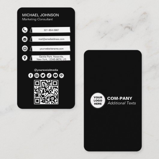 白黒ソーシャルアイコンQRコードミニマリストカスタム 名刺 (正面/裏面)