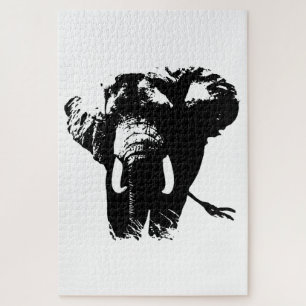 白黒ゾウ動物イラストレーション絵画ズ ジグソーパズル
