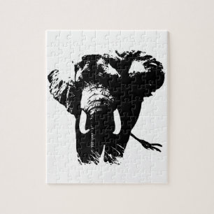 白黒ゾウ動物イラストレーション絵画ズ ジグソーパズル