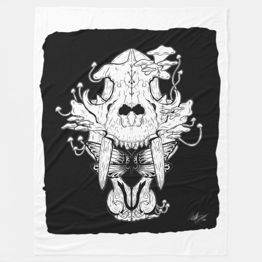 白黒タイガースカルと蛾フリースブランケット フリースブランケット (正面)