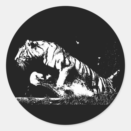 白黒タイガーポップ・アートのアートラウンドステッカー ラウンドシール (正面)