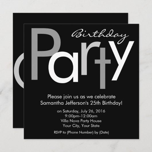 白黒タイプのスクエアバースデーパーティーの招待 招待状 (正面/裏面)