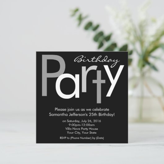 白黒タイプのスクエアバースデーパーティーの招待 招待状 (スタンド正面)