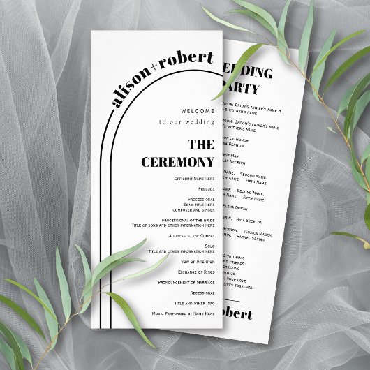 白黒タイポグラフィとアーチウェディングプログラム ラックカード