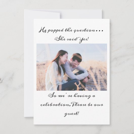 白黒タイポグラフィフォト婚約パーティ 招待状 (正面)