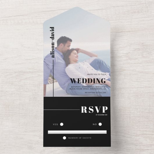 白黒タイポグラフィミニマル結婚リスト オールインワン招待状 (内側)