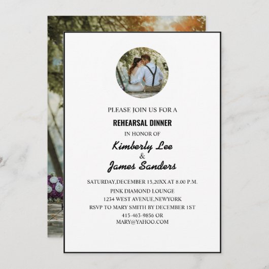 白黒タイポグラフィ写真リハーサルディナー 招待状 (正面/裏面)