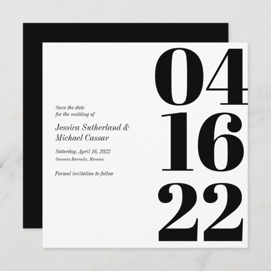 白黒タイポグラフィ数字日付の保存 招待状 (正面/裏面)