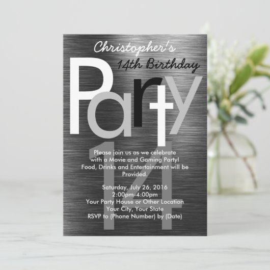 白黒タイポグラフィ男の10代の子の誕生日パーティー 招待状 (スタンド正面)