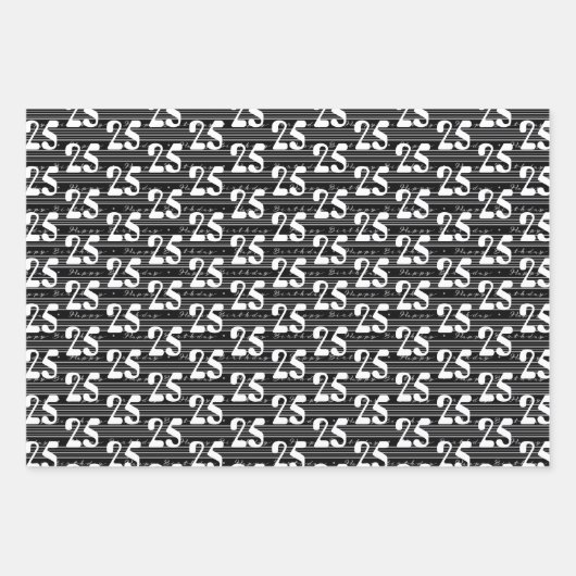 白黒タイポグラフィ番号25誕生日 ラッピングペーパーシート (正面)