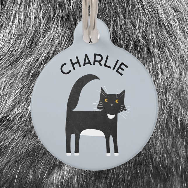 白黒タキシードパーソナライズされた猫 ペット　ネームタグ (Fun black and white Tuxedo cat pet tag with personalized custom name and details)