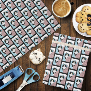 白黒タキシード猫ブランケットかわいいブルーピンク ラッピングペーパー