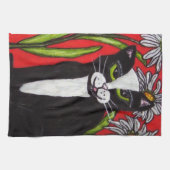 白黒タキシード猫ホワイトデイジーレッド キッチンタオル (横)