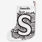 白黒タトゥースタイルインクフラワーモノグラム スモールクリスマスストッキング (裏面)