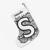 白黒タトゥースタイルインクフラワーモノグラム スモールクリスマスストッキング (裏面 (吊り時))