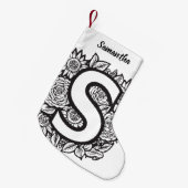 白黒タトゥースタイルインクフラワーモノグラム スモールクリスマスストッキング (正面 (吊り時))