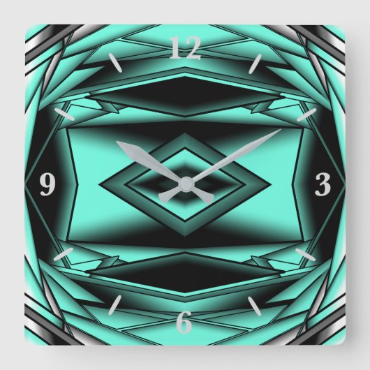 白黒ターコイズグラデーションモダン抽象芸術 スクエア壁時計 (正面)