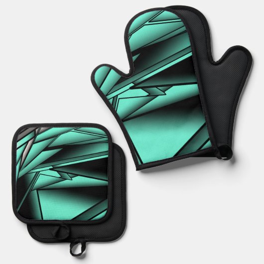 白黒ターコイズグラデーションモダン抽象芸術 鍋つかみ&鍋敷きセット (正面/裏面)