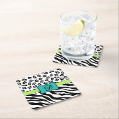 白黒ターコイズゼブラヒョウ皮モノグラム スクエアペーパーコースター (インサイチュ)