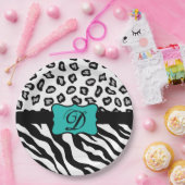 白黒ターコイズゼブラヒョウ皮モノグラム ペーパープレート (パーティー)