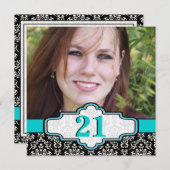 白黒ターコイズダマスク21歳の誕生日の写真 招待状 (正面/裏面)