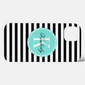 白黒ターコイズモノグラムストライプ付き Case-Mate iPhoneケース (裏面 (横))
