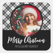 白黒タータンチェックカスタムクリスマス写真名 スクエアシール (正面)