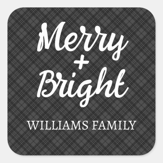白黒タータンチェッククリスマスメリーの明るい家族 スクエアシール (正面)