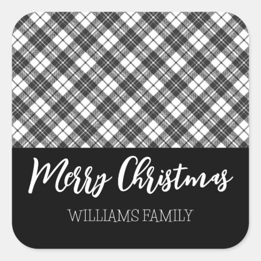 白黒タータンチェックメリークリスマス名前をカスタムする スクエアシール (正面)