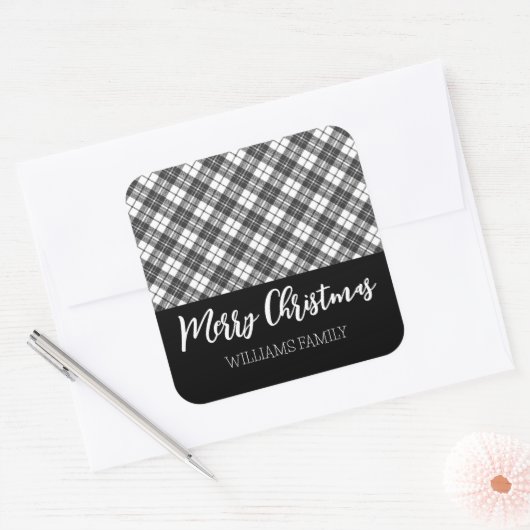 白黒タータンチェックメリークリスマス名前をカスタムする スクエアシール (封筒)