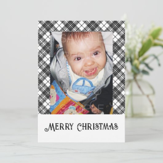 白黒タータンチェック格子冬のクリスマスフォト シーズンカード (スタンド正面)