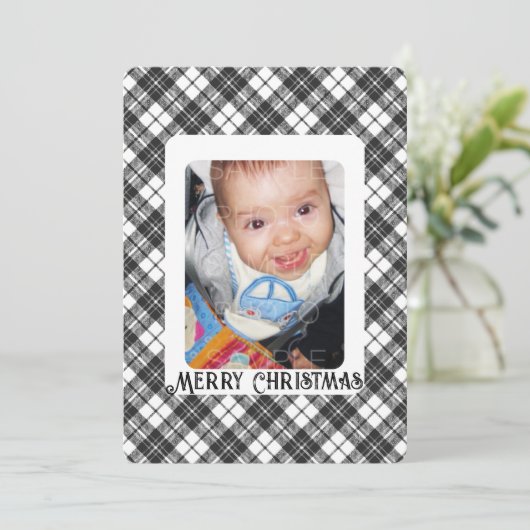 白黒タータンチェック格子冬のクリスマスフォト シーズンカード (スタンド正面)