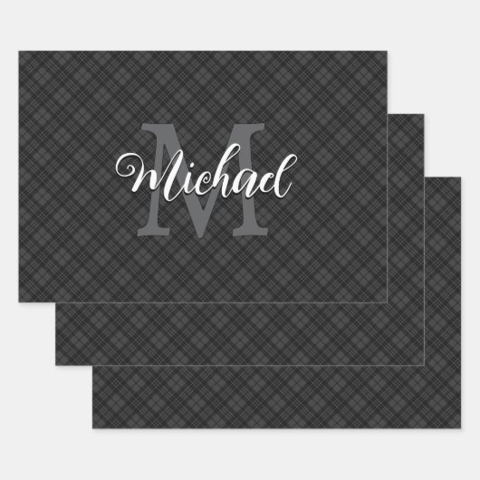 白黒タータンチェック格子冬クリスマスモノグラム ラッピングペーパーシート (セット)