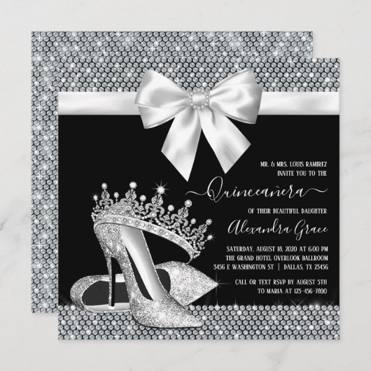 白黒ダイアモンドティアラシューズグラムキンセアニェラ 招待状 (正面/裏面)