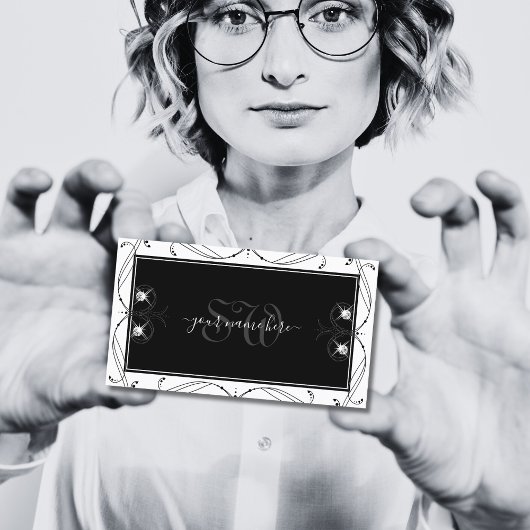 白黒ダイヤモンドきらめくモノグラム華美 名刺