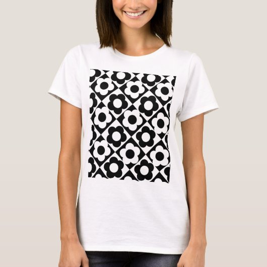 白黒ダイヤモンドチェックフラワーパターン Tシャツ (正面)