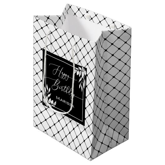 白黒ダイヤモンドパターン植物性誕生日 ミディアムペーパーバッグ (正面アングル)